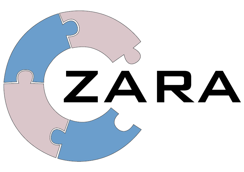 Logotipo da cadeira de rodas sob medida Zara, apresentando peças de quebra-cabeça em azul e rosa formando um 'C', com 'ZARA' escrito no centro.